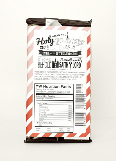 YW 2013 Mutual Theme candy bar wrapper for 6.8 ounce (giant) Symphony and Hershey's bars: back view.