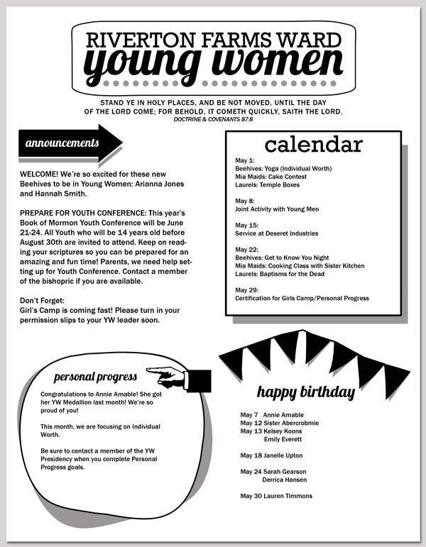 Free 2013 Young Women's Newsletter Template from Hang a Ribbon on the Moon. Editable and saveable PDF and high-quality JPEG files! Totally customizeable.