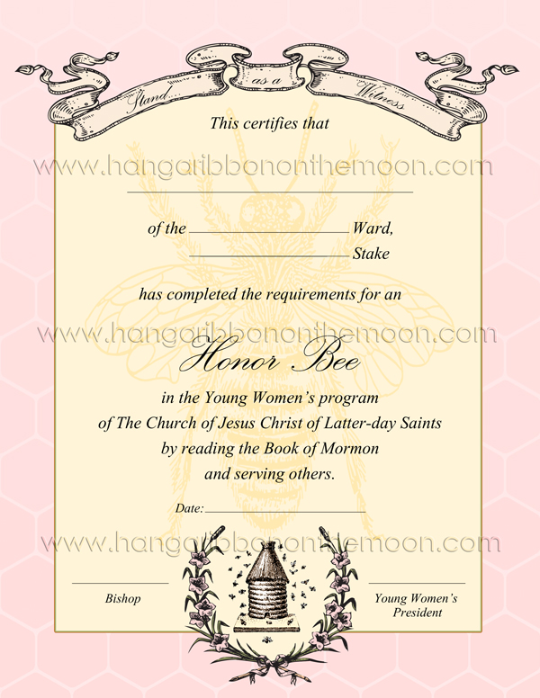 YW Honor Bee Certificate. Free downlad from Hang a Ribbon on the Moon. Editable/saveable PDF and high-quality JPEG file included!