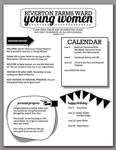 2014 Young Women Newsletter Template. Free download from Hang a Ribbon on the Moon! Editable/saveable PDF makes creating newsletters for your girls quick and easy.