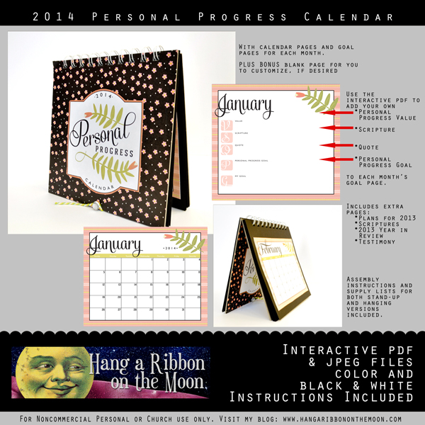 2014 Personal Progress Calendar. Great project for YW! FREE download from Hang a Ribbon on the Moon.