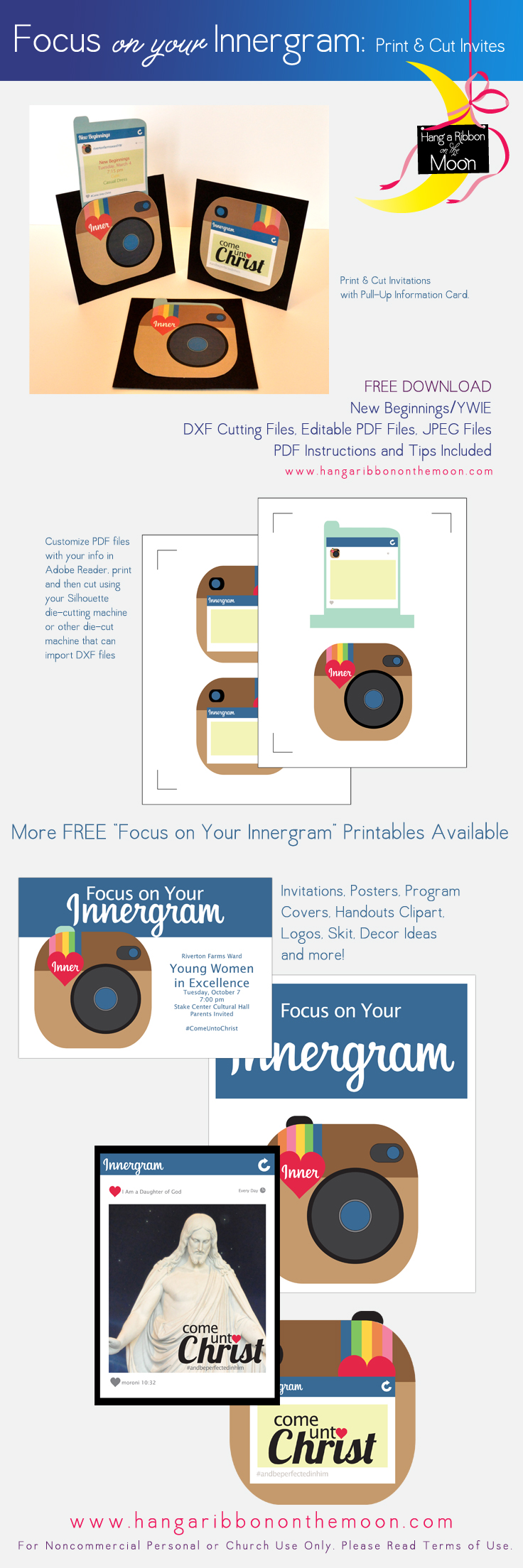 Focus on Your Innergram: Print & Cut Invites. Great for New Beginnings, YWIE, Girls Camp, Youth Conf. Tons of FREE Printables!