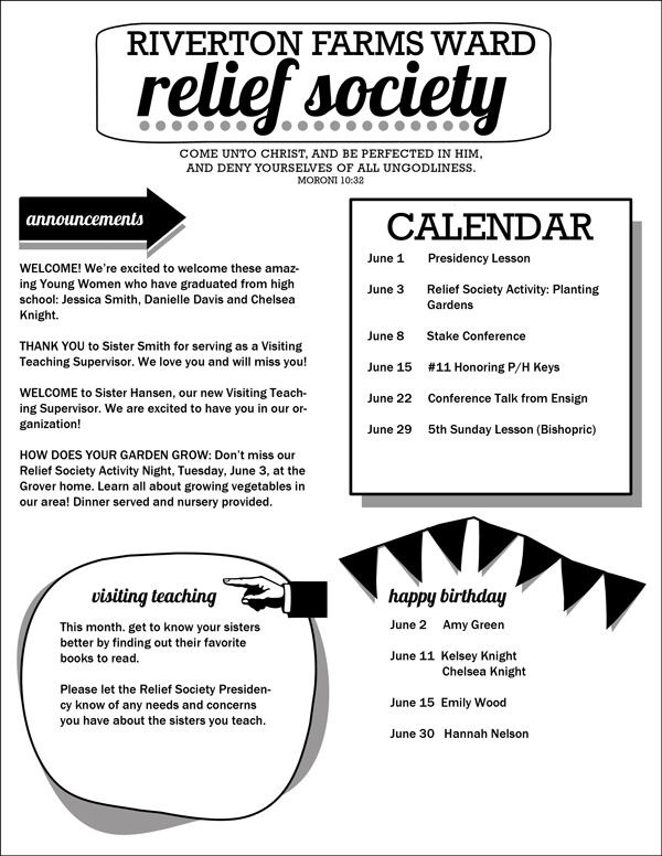 Relief Society Newsletter Template: Easy-to-customize PDF with areas for ward, scripture, birthdays, etc. FREE download!