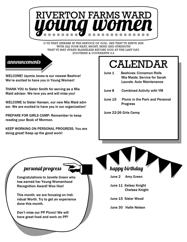 Young Women Newsletter Template. FREE download. Editable PDF.