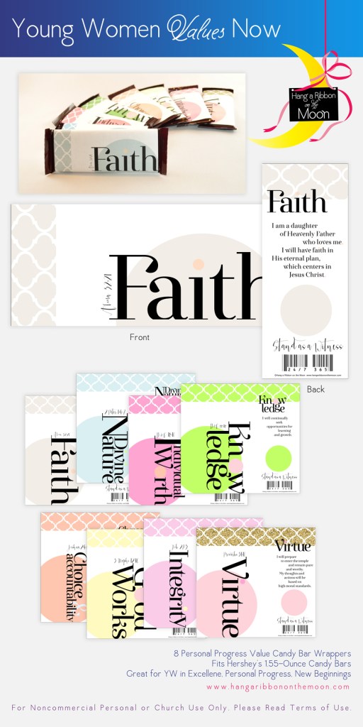 Candy-bar wrappers from the YW Values Now Collection: a suite of LDS Young Women's printables celebrating Personal Progress. Free downloads!