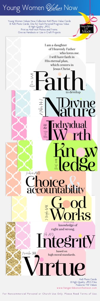 YW Values Now Personal Progress Value Cards. 4x6-inch Photo cards with Personal Progress values. Use as gifts, handouts and more!