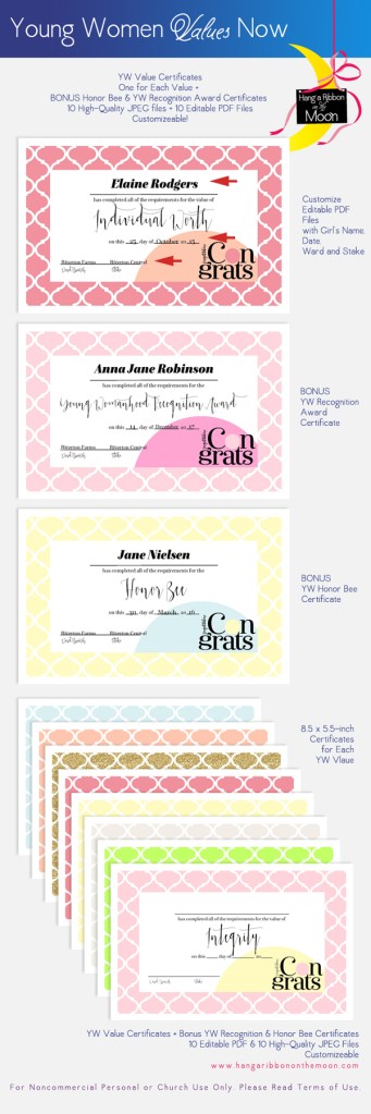 YW Values Now Collection: Certificates. FREE download! Certificates for completion of each YW Personal Progress Value + BONUS YW Recognition Award & Honor Bee certificates!