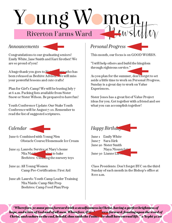 Young Women Values Now Collection: Newsletter Templates. FREE download! Editable PDF files in two versions and eight different color combos for a total of 16 files!