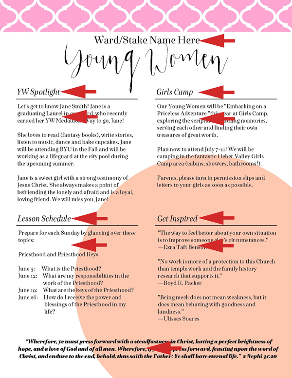 Young Women Values Now Collection: Newsletter Templates. FREE download! Editable PDF files in two versions and eight different color combos for a total of 16 files!