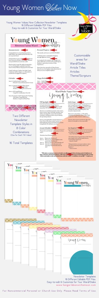 Young Women Values Now Collection: Newsletter Templates. FREE download! Editable PDF files in two versions and eight different color combos for a total of 16 files!