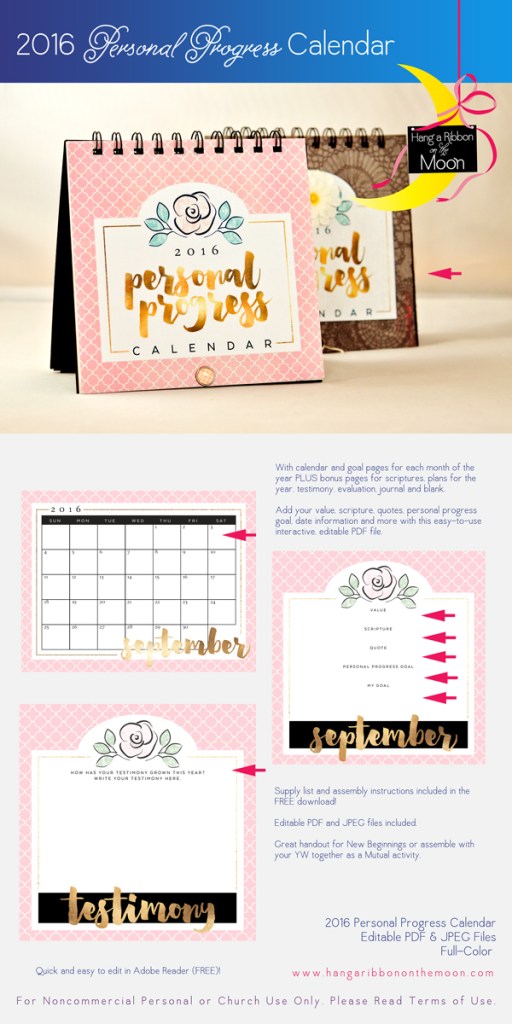 2016 LDS YW Personal Progress Calendar. Inspire your young women with this fun project. FREE download!