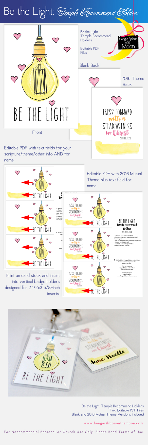 Be the Light Temple Recommend Holders. FREE download! Great gift or handout for YW!