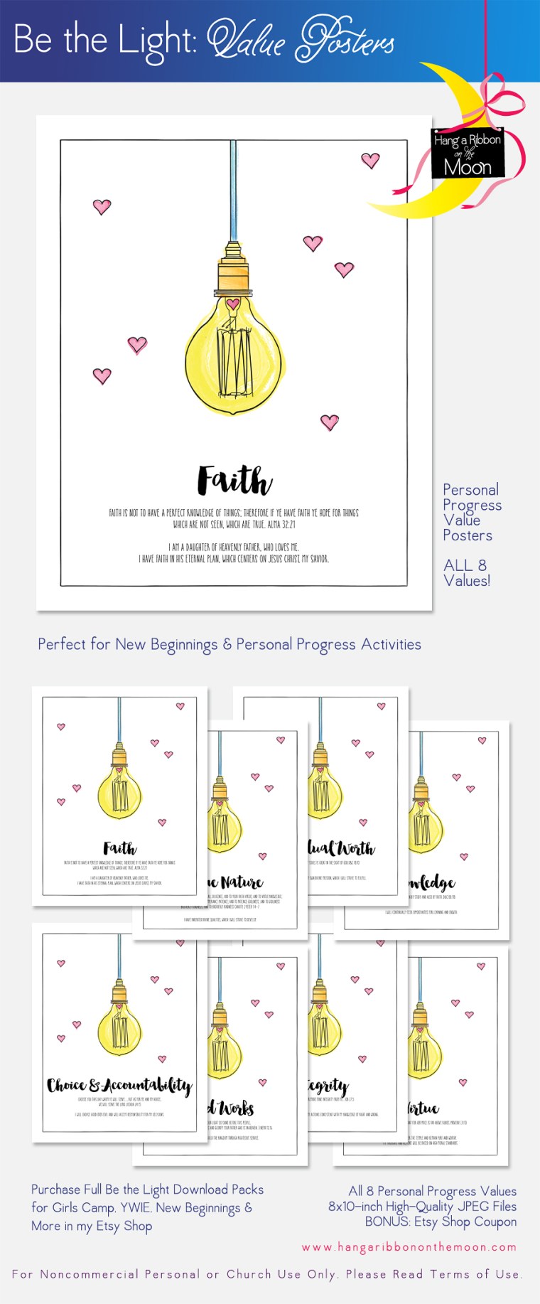 Be the Light: Personal Progress Value Posters. 8x10. Free download! Perfect for New Beginnings & YWIE!