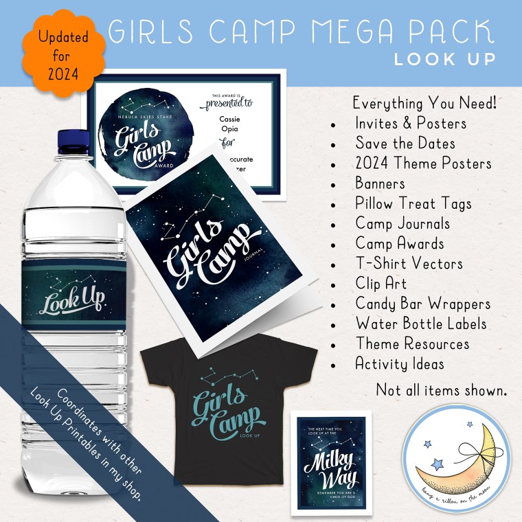 LDS Young Women YW Girls Camp Printable Pack theme Look Up all about the night sky. Posters, invitations, journals, candy bar wrappers, water bottle labels, certificates & treat tags. Watercolor night sky constellations. Blue, purple, black.