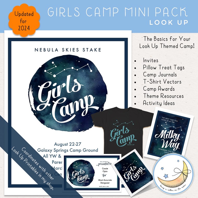 LDS Young Women YW Girls Camp Printable Pack theme Look Up all about the night sky. Posters, invitations, journals, candy bar wrappers, water bottle labels, certificates & treat tags. Watercolor night sky constellations. Blue, purple, black.