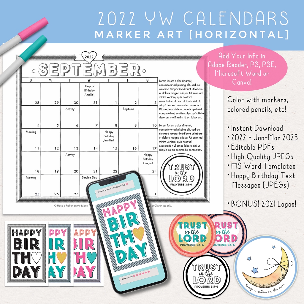 2022 LDS Young Women Youth Theme Trust in the Lord calendars. Editable PDF, Microsoft Word template and JPEG files with marker graphics. Happy birthday text messages and Trust in the Lord logos included. 