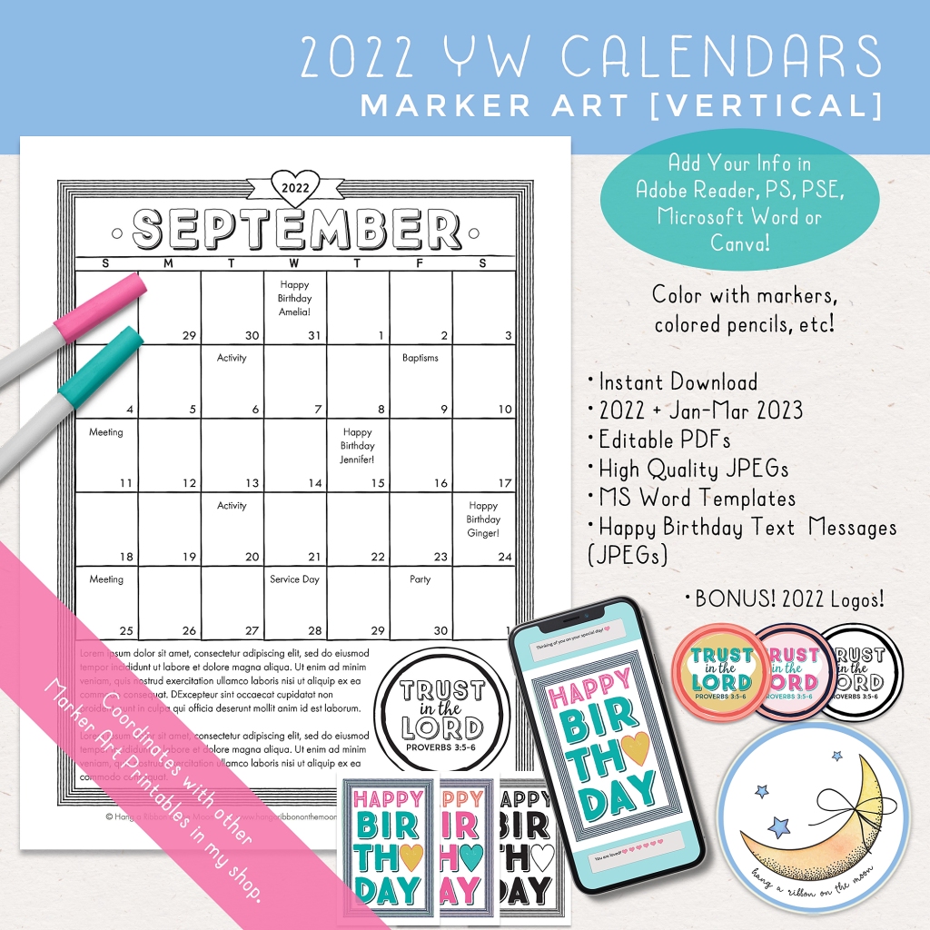 2022 LDS Young Women Youth Theme Trust in the Lord calendars. Editable PDF, Microsoft Word template and JPEG files with marker graphics. Happy birthday text messages and Trust in the Lord logos included.
