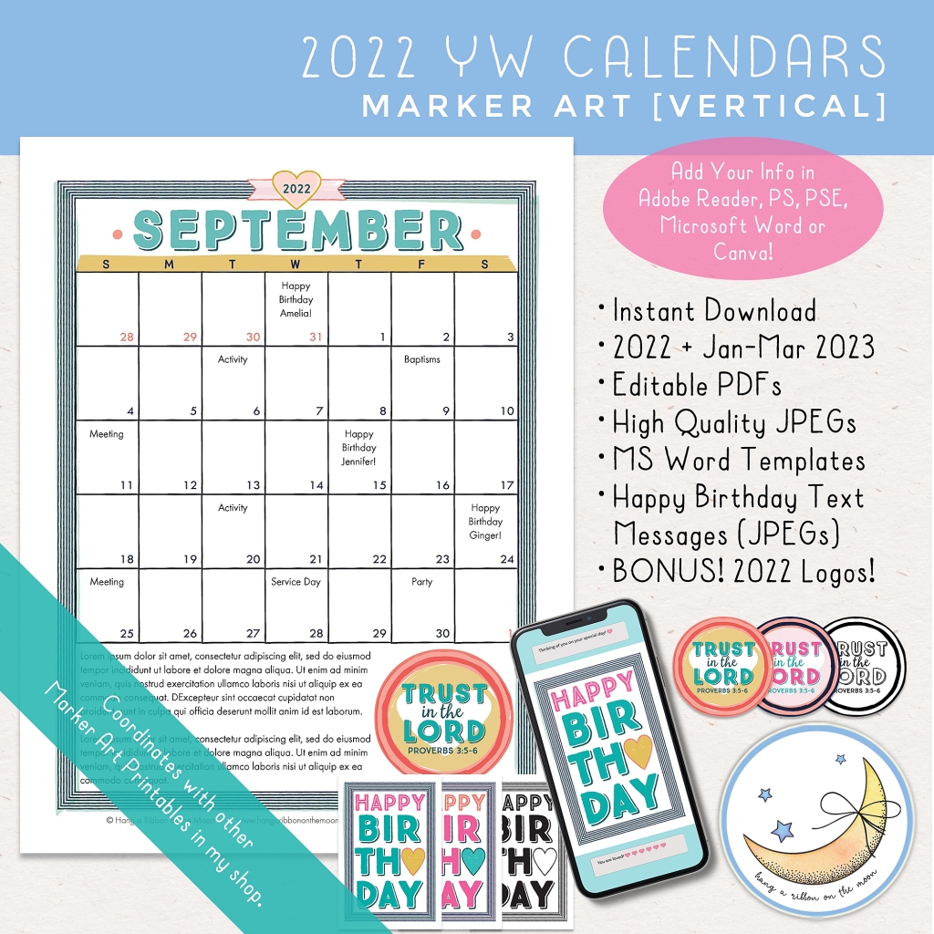 2022 LDS Young Women Youth Theme Trust in the Lord calendars. Editable PDF, Microsoft Word template and JPEG files with marker graphics. Happy birthday text messages and Trust in the Lord logos included. Aqua blue, pink, yellow and peach.